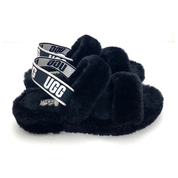 Ugg Oh Yeah Fur Double Strap Flat Sandals In Black Size 10 - Picture 6 of 11